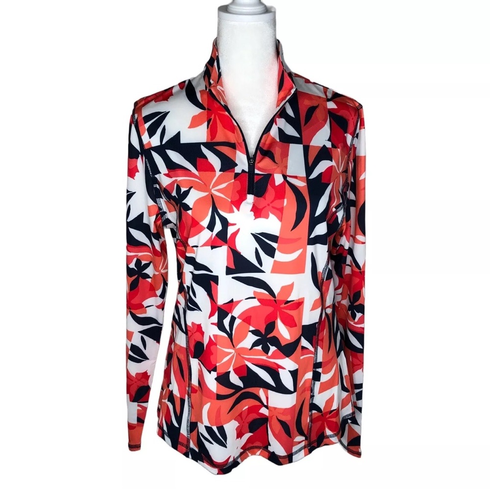 Women’s 1/4 Zip Mock Long Sleeve Floral Print Polo Golf Shirt, color: Coral Red